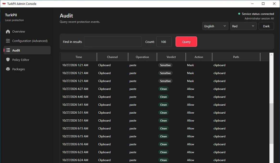 Audit screen in English: recent protection events with channel, verdict and action