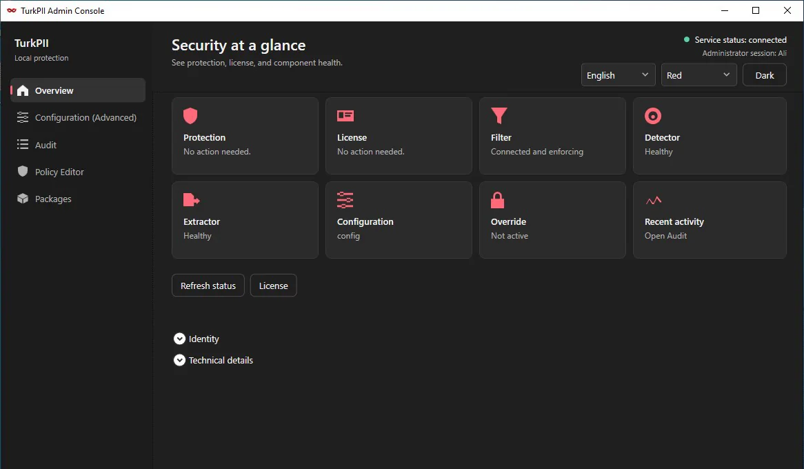 Admin Console overview screen in English: protection, license, filter, detector, extractor and configuration status