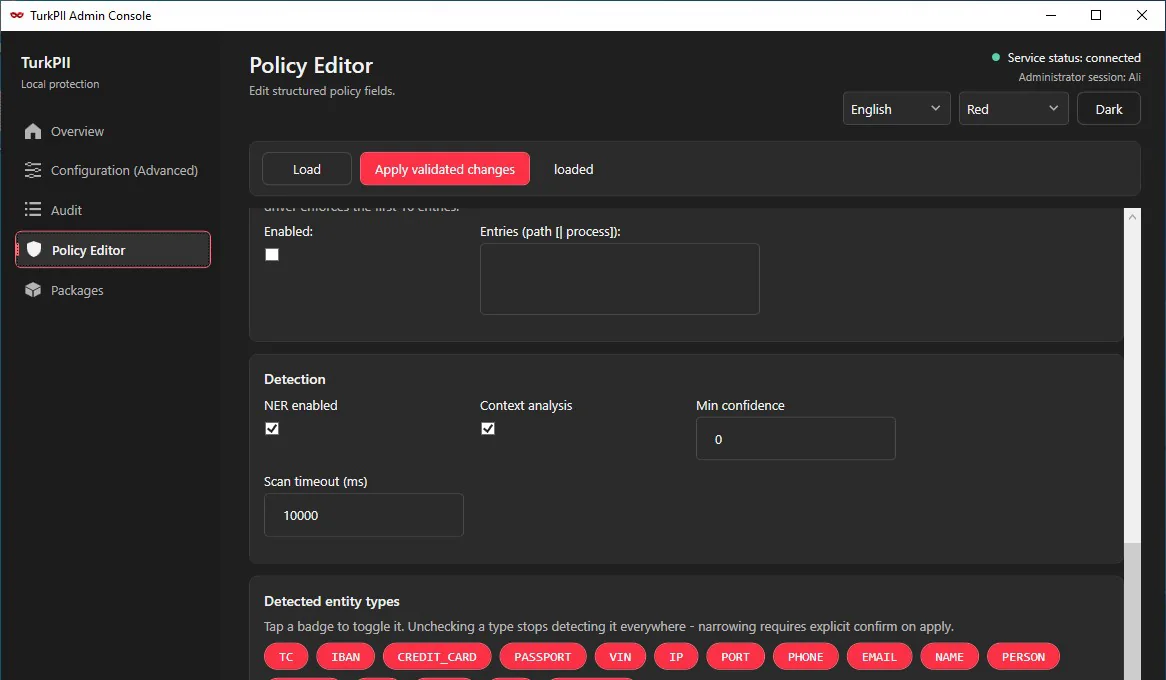Policy Editor screen in English: detected entity types and detection settings