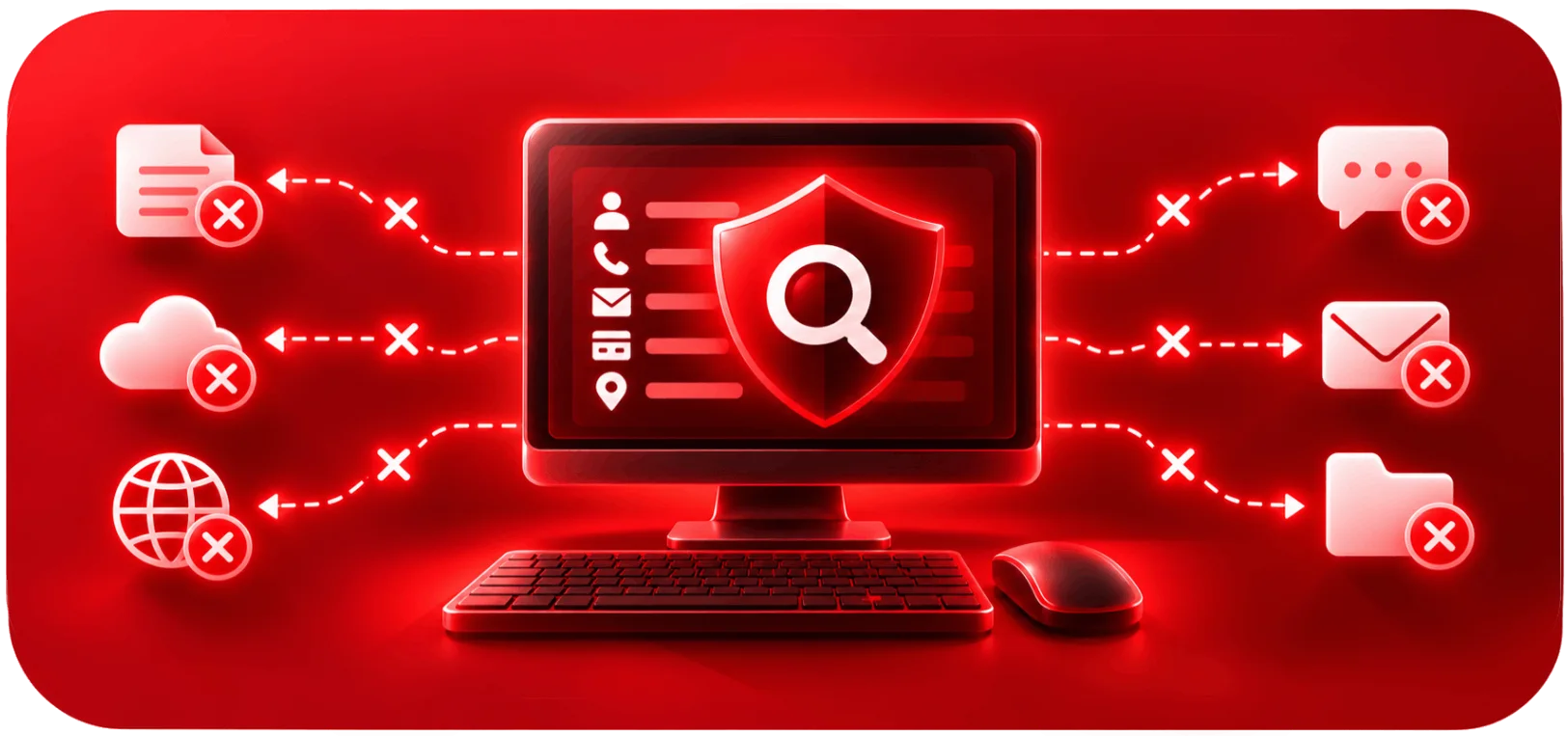 Şema: Windows makineden dosya, bulut, ağ, sohbet, e-posta ve klasör çıkışları engelleniyor.